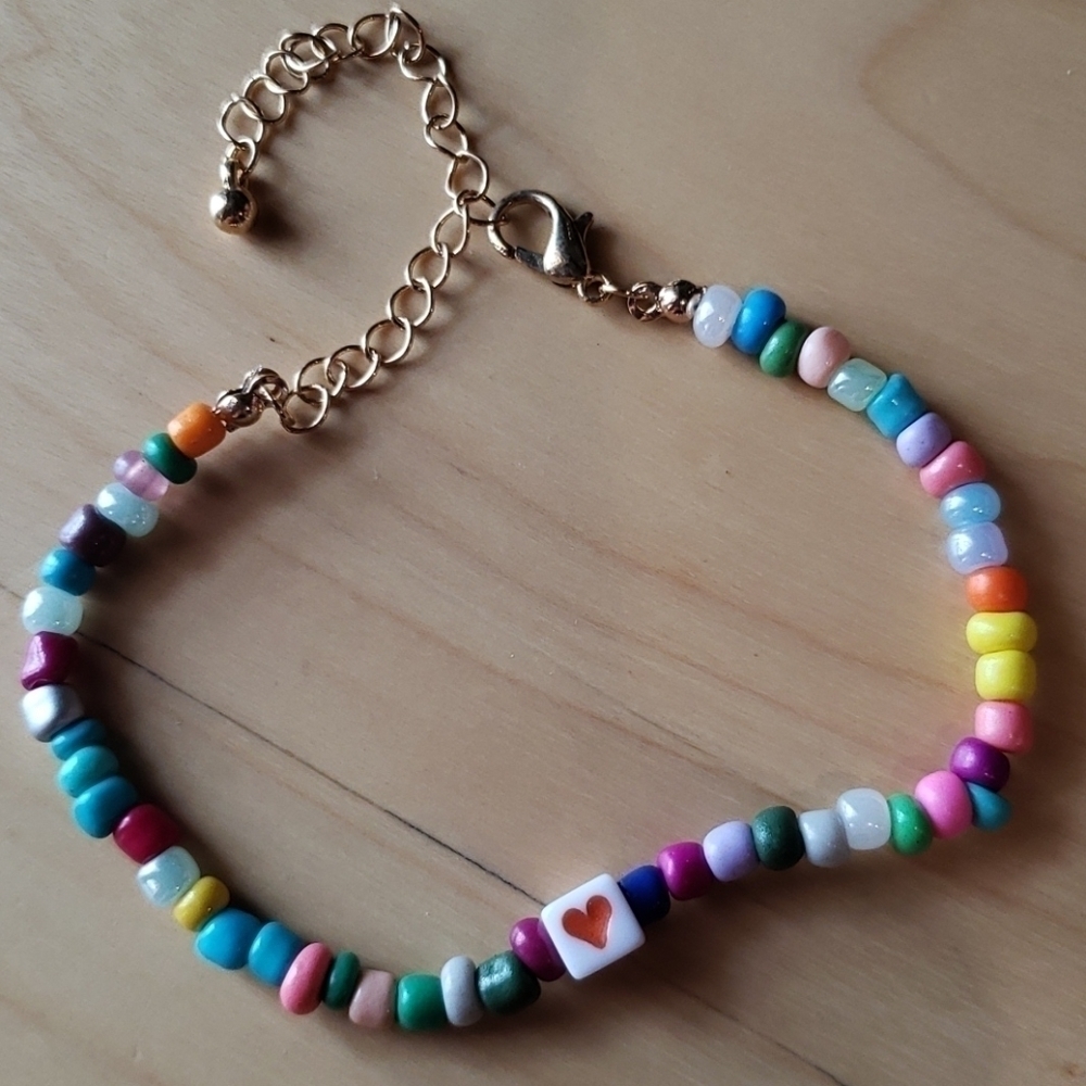 ORANGE Heart Rainbow Beaded Bracelet NWOT
